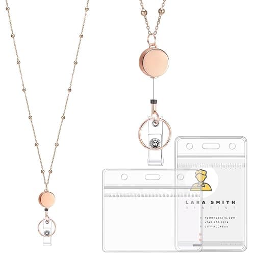 Rose Gold Lanyards for Id Badges Stainless Steel Badge Lanyard with 2 Pcs Waterproof Id Holder Retractable Badge Lanyards Teacher Lanyard for Cruise Ship Key Cards Badges - Image 1