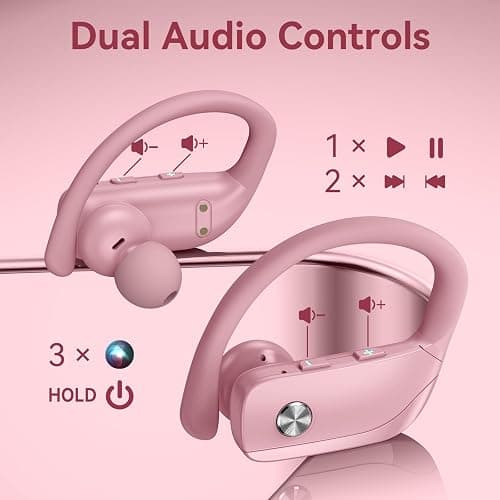 bmani Ear Buds Wireless Earbuds Bluetooth Headphones with 80H Playtime LED Display Case, Over-Ear Hook with Mic, Stereo Sound, Easy Button Controls, Sports Earphones for Running Workout Gym Pink thumbnail 4
