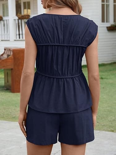 Tankaneo Womens Summer Smocked 2 Piece Short Sets Cap Sleeve Babydoll Peplum Blouse Casual Matching Set Vacation Outfits thumbnail 5