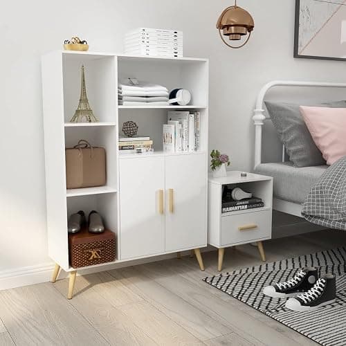 Mondeer Nachttisch, Nachtschrank mit 1 Schublade und 1 Offenem Fach, Holz Modern Nachtkommode mit Massivholzfüßen, Beistelltisch für Schlafzimmer Wohnzimmer, 40 x 35 x 51cm, Weiß thumbnail 6