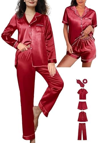 WJing Yi Jia 6Pcs Womens Silk Satin Pajamas Set XS-XXL Pajama Sets Pjs Set Button Down Pj Sets Sleepwear Loungewear thumbnail 5