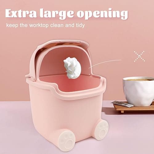 QLFJ-FurDec Tischabfalleimer Klein, Niedlich Mini Desktop-Mülleimer mit 3 Rollen Müllsäcke, Cartoon Tischmülleimer mit Deckel 15.5 * 14 * 23.5cm, Tischabfalleimer für Den Waschtisch (Rosa) thumbnail 2