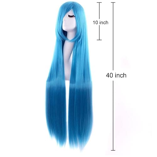 MapofBeauty 40 Inch Oblique Bangs Anime Long Straight Wig, Cyan Blue | 100 cm Cosplay Wig, Party thumbnail 4