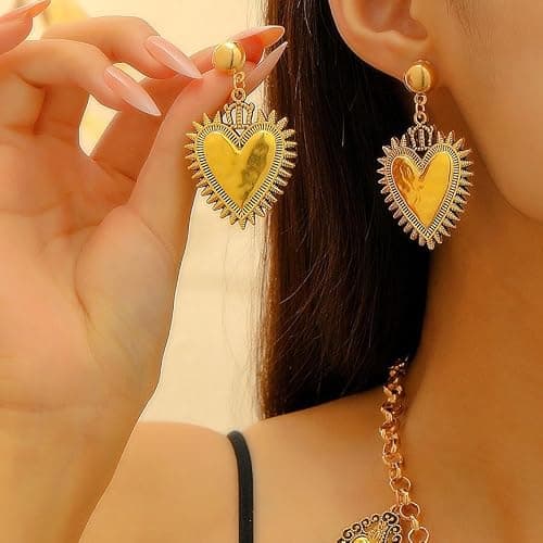 Statement Heart Gold Drop Earrings For Fashion Women Hammered Textured Sunburst Border Vintage Boho Dangle Ear Jewelry Gift Fashion Party Daily Wear thumbnail 2