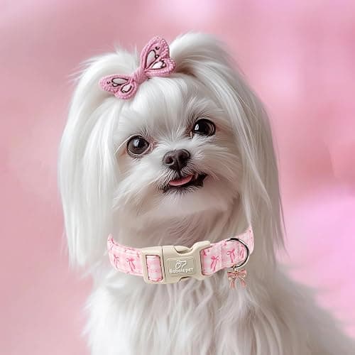 Babole Pet Girl Dog Collar for Small Dogs - Cute Pink Plaid & Bow Print Spring/Summer Puppy Collar, Soft Adjustable Holiday Female Dog Collars with Quick Release Buckle S thumbnail 2