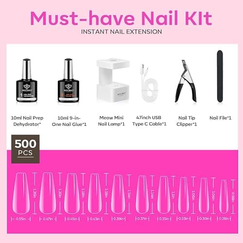 modelones Gel Nail Kit, Fake Nails Long Coffin, 9-in-One Glue Prep Dehydrator & Portable Mini U V Light Acrylic Clipper, 500Pcs Coffin Tips for Extension Kit DIY Salon Home Gifts for Women thumbnail 6