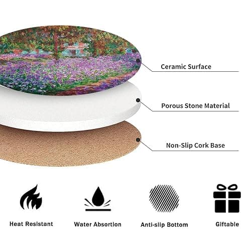 6 Pcs Drink Coasters with Holder, Claude Monet Water Lilies Absorbent Round Ceramic Coaster for Tabletop Protection, Home Decor Coasters for Coffee Cup Beverage Wine Beer Bar thumbnail 4