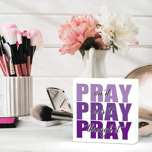 Inspirational Bathroom Room Decor, Christian Bible Desk Decoration, Accessories for Women Office, Dorm Decor Gifts for Women, Wooden Box Sign for Home Bedroom Table Shelf-Pray Through It(purple) thumbnail 6