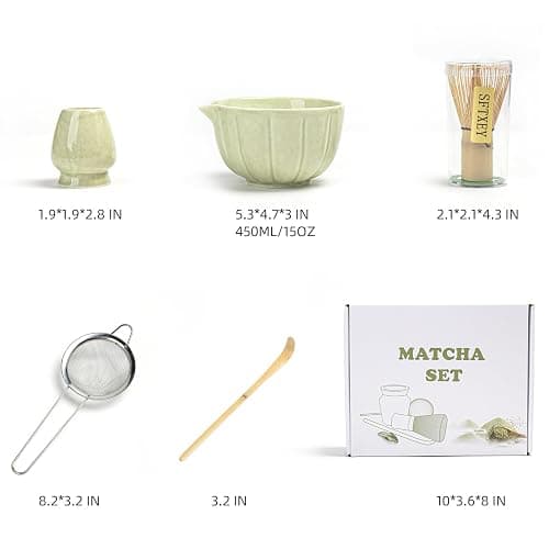 SFTXEY Matcha Whisk Set, Matcha Set Includes Ceramic Matcha Bowl, Bamboo Whisk, Scoop, Chasen Holder, Sifter, 5 Pcs Perfect Matcha Kit for Macha Lover (Mottled Green) thumbnail 6