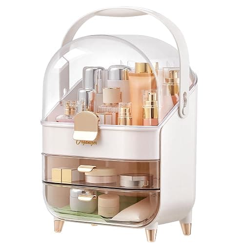BTGGG Makeup Organizers, Make Up Organizer for Vanity, Countertop Cosmetic Storage with Drawers and Transparent Cover for Bedroom Bathroom, Pearl White - Image 1