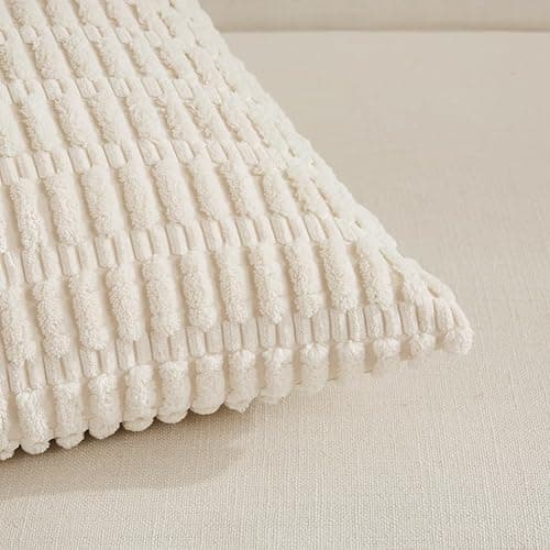 Fancy Homi 2 Packs Boho Decorative Throw Pillow Covers 18x18 Inch for Living Room Couch Bed Sofa, Rustic Modern Farmhouse Home Decor, Soft Corduroy Cream Square Cushion Case 45x45 cm thumbnail 4