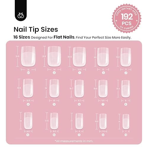 Beetles Tipex Instant Apex Nail Tips,Square Short Pre-Building & Pre-Etched Thicker Acrylic Nails Strong Full Cover False Nail Extension Press-on Nails,192 Pcs 16 Sizes thumbnail 3