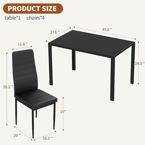 FDW | Dining Table Set for 4 | 5-Piece Glass Black Dining Table | Kitchen Table with 4 Upholstered Chairs and Faux Leather Cushions | Space-Saving and Modern Design | for Dining Room, Easy to Assemble thumbnail 3