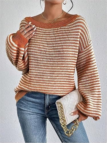 Women's Oversized Striped Sweater Casual Off The Shoulder Sweater Fall Long Sleeve Loose Knit Pullover Jumper Tops thumbnail 4