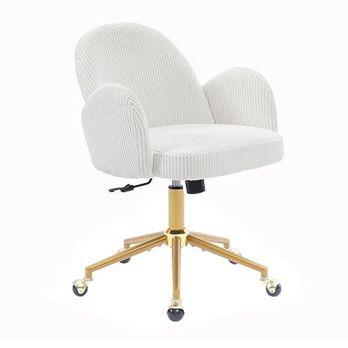 Home Office Chair with Petal Backrest, Corduroy Upholstered Desk Chair with Adjustable Swivel Wheels, Ergonomic Chairs for Living Room, Bedroom, Office, Study, Flower Cute Girls Vanity Chair(Beige) - Image 1