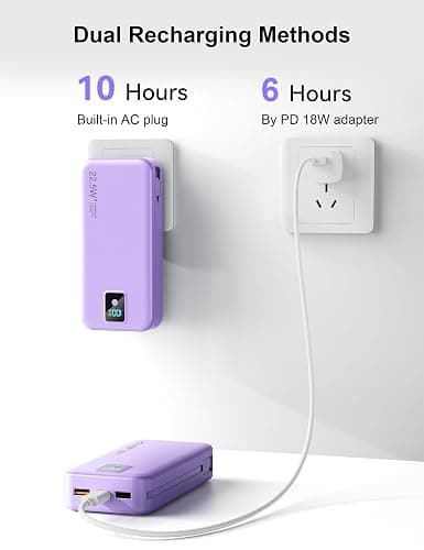 Rngsnoy Portable Charger 20000mAh 22.5W w/Built-in Cable & Wall Plug Purple | High capacity, Fast charging, Built-in cables & wall plug, LED display, Charge 5 devices at once, Pass through, TSA approved thumbnail 8