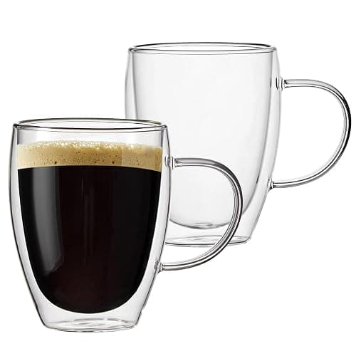 12 Oz Double Walled Glass Coffee Mugs with Handle, Insulated Layer Coffee Cups, Clear Borosilicate Glass Mugs - Gift for Cappuccino,Tea,Latte,Espresso,Hot Beverage,Cold Drinks, Set of 2 - Image 1