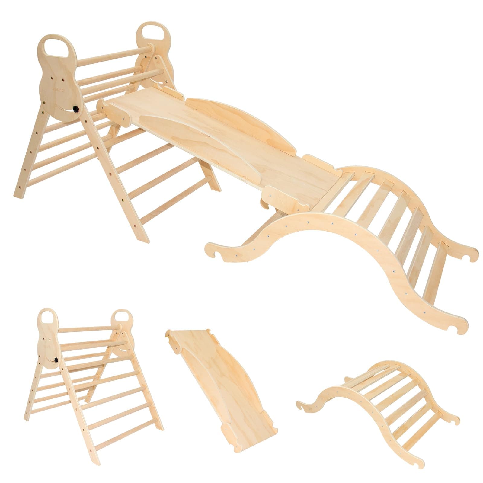 7 in 1 Large Pikler Triangle Set,Foldable Climbing Toys Wooden Montessori Climbing with Sliding Ramp&Arch Rocker for Toddlers,Climber Indoor Playground Set for Kids (Wooden Color) thumbnail 3