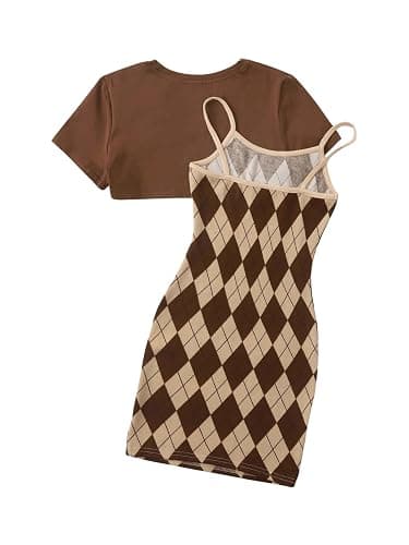OYOANGLE Girl's Cute 2 Piece Outfits Print Cami Short Dress with Crop Top Tee Set thumbnail 2