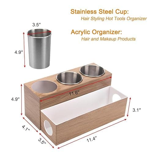 GFWARE Hot Hair Styling Tool Organizer with 3 Stainless Steel Cups, Wood | Hair Accessories Bathroom Vanity Storage, Hair Dryer, Blow Dryer, Curling Iron, Flat Iron, Hot Tools Cooling, Wood-Look thumbnail 2