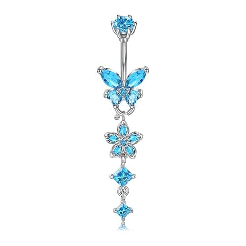 Longita Silver Gold Belly Button Ring Dangle Belly Rings Clicker Dangling Dangly Belly Piercing Surgical Steel Hypoallergenic Pearl Pink Bow Butterfly Flower Navel Rings for Women Dainty no Tarnish - Image 1
