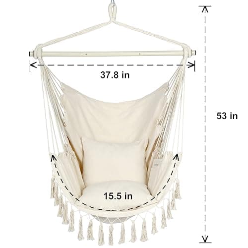 Y- STOP Hammock Chair Hanging Rope Swing, Max 500 Lbs, 2 Cushions Included, Large Macrame Hanging Chair with Pocket for Superior Comfort, with Hardware Kit (Beige) thumbnail 3
