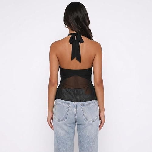 Usweetie Women Y2K Sexy Sheer Mesh Flowy Halter Top thumbnail 3