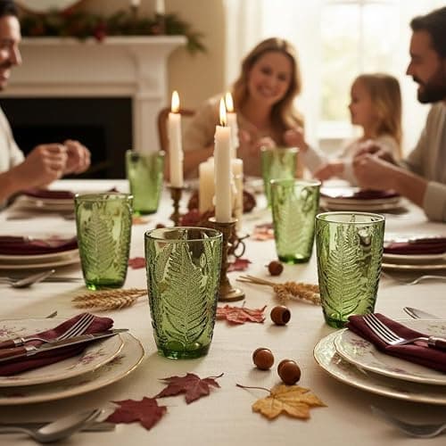 Green Drinking Glasses Set Of 4-12 Oz Hand Blown Vintage Drinking Glasses, Boho Aesthetic Antique Glassware, Colored Cute Glass Cups, Textured Highball Water Tumbler, Unique Retro Drinkware Gift thumbnail 2