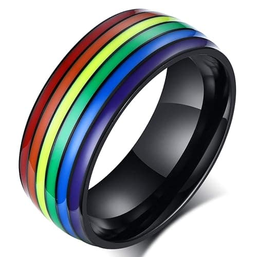 Nanafast 8mm Stainless Steel Enamel Rainbow LGBT Pride Ring for Lesbian & Gay LGBTQ Pride Wedding Engagement Band - Image 1