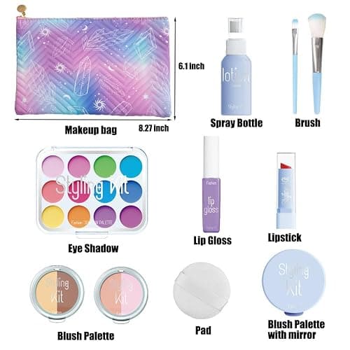Pretend Makeup Kit for Girls, 11 Pcs Kids Cosmetic Pretend Play Beauty Make Up Set, Not Real Eye Shadow Blush Palette Lipstick wit Hand Bag, Blue thumbnail 7