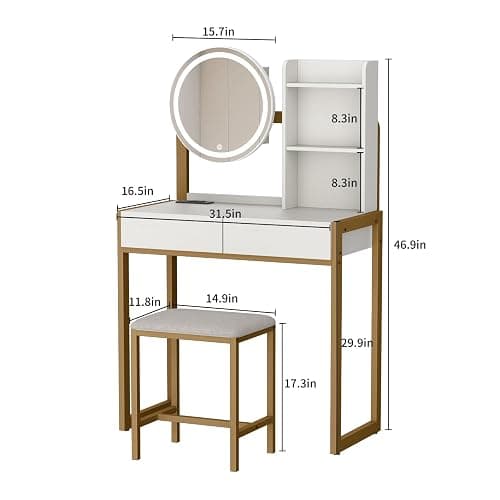 Small Vanity Desk with Mirror and Lights, Makeup Vanity Table with LED Mirror, 3 Lighting Modes, Power Outlet, Drawer, Open Shelves and Cushioned Stool for Bedroom (Gold) thumbnail 2