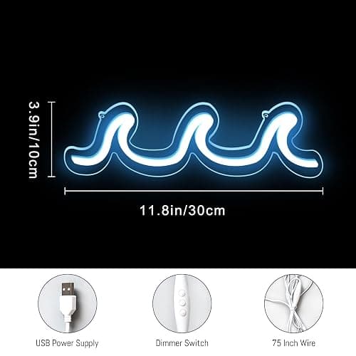 Wave Neon Signs Light Blue LED Night Lights With Dimmable Switch For Kids Wall Decor USB Powered For Living Room Bar Bedroom Christmas Gift(11.8 * 3.9") thumbnail 7