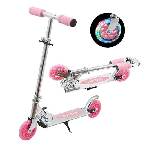 TENBOOM Scooter for Kids Ages 4-7, 2 Wheels Light Up Gift Scooters for Girls Boys Ages 6-12, Easy Folding Kids Scooter with 3 Levels Adjustable Handlebar and Rear Brake… - Slivery Pink