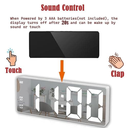 Königswerk Small Digital Alarm Clock, Mirror Surface LED Electronic Clocks with Large Display, Adjustable Brightness and Snooze Model for Bedroom, Desk, Office, White Digit thumbnail 4