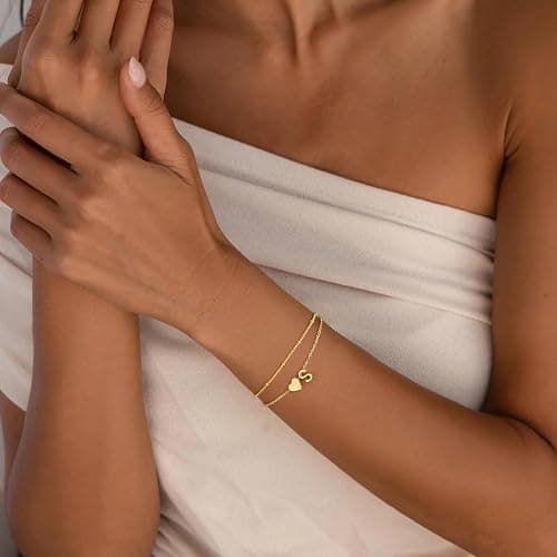 M MOOHAM Heart Initial Bracelets for Women Teen Girls, Letter A-Z Bracelet | 14K Gold Plated, Dainty Layered Heart Initial Bracelet, Personalized Birthday Gifts for Women Back to School Gifts for Girls thumbnail 5