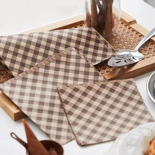 100Pcs Wax Paper Sheets for Food, Basket Liners Food Picnic Paper Sheets Greaseproof Deli Wrapping Sheets,BBQ paper,Coffee-colored checkered printing (5.9×5.9 in) thumbnail 2