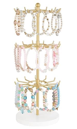 Mkono Bracelet Holder Gold Metal Rotating Bracelet Display Stand 3 Tier Jewelry Tower rack with 36 Hooks and Wood Base Modern Adjustable Storage Organizer Tree for Selling Bangle Accessories - Image 1