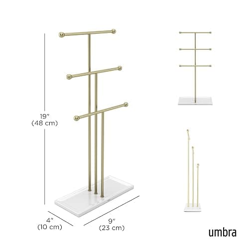 Umbra Trigem Jewelry Stand, Tiered Necklace Holder, Steel, White/Gold | Multi level design, tangle free solution, doubles as accessory tray, padded scratch protection thumbnail 3