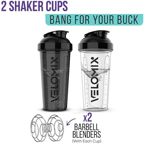 VELOMIX -2 Pack- 28 oz Protein Shaker Bottles for Protein Mixes - 2x Wire Whisk | Leak Proof Shaker Cups for Protein Shakes | Protein Shaker Bottle Pack (Black/Transparent) thumbnail 7