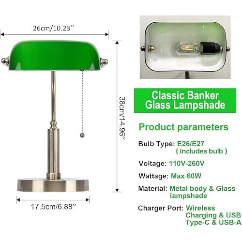 FIRVRE Glass Bankers Desk Lamp with Wireless Charger, 2 USB Charging Port, Vintage Desk Lamp with Pull Chain Switch, Retro Table Lamps for Home Office, Piano, Library (Bulb Included) thumbnail 3
