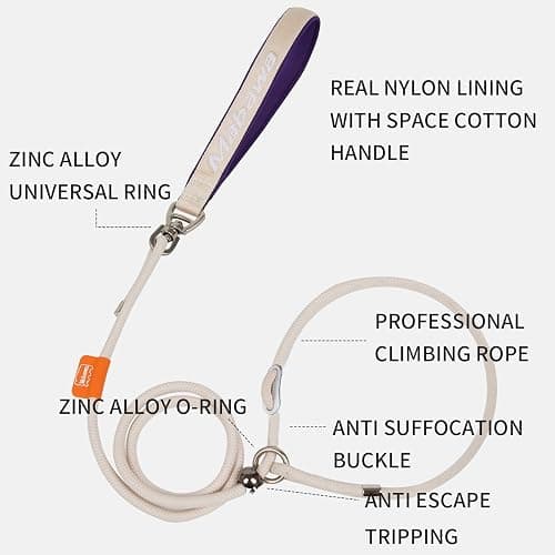 Dog Anti-Slip Leash 5FT with Metal Stopper - Durable No-Pull Training Lead for Small, Medium & Large Dogs - Comfortable Handle Nylon Rope, Tangle-Free Pet Walking Leash (Beige, 5.6FT) thumbnail 7