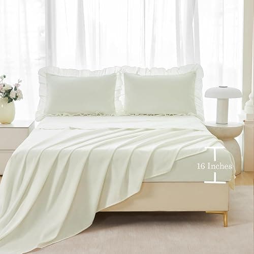 ANGIYUIN 5Pcs Full Szie Comforter Set Ivory Ruffle Bed in A Bag with Sheets Beige Farmhouse Aesthetic Bedding Comforter Set Soft Fluffy Bed Sets for Kids Teens(Ivory Full) thumbnail 5