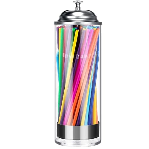 Patelai 10.6 Inch Clear Plastic Straw Dispenser and 100 Pcs Drinking Straw Organizer Container with Stainless Steel Lid Transparent Drinking Holder(Classic,Neon) - Image 1