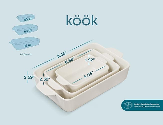 Kook Casserole Dishes for Oven, Ceramic Bakeware Set, Rectangular Baking Dishes, For Casseroles, Lasagna, Cake, Small, Medium & Large Pans, Microwave & Dishwasher Safe, Set of 3 (Cream) thumbnail 3