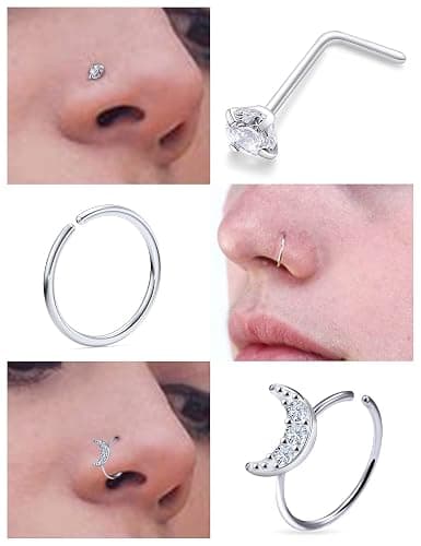 Kridzisw 18G 20G Nose Rings Studs Hypoallergenic 316L Surgical Steel L Shaped Screw Nose Rings Hoops Silver Heart Star Diamond Nose Piercing Jewelry for Women Men 42pcs thumbnail 6
