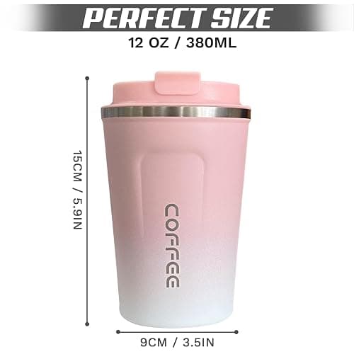SPLMIFA Travel coffee mugs leak-proof, reusable coffee cups with lids, stainless steel vacuum thermos coffee tumblers,thermal insulation cups for men and women hot & cold drinks(2nd-Pink White, 12OZ) thumbnail 2