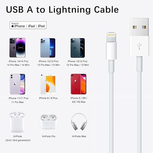 6ft USB A to Lightning Cable for iPhone 14, Carplay Cable Compatible for iPhone 14 pro max,13 Plus,SE 2nd/12/11/Xs/XR, Fast Charging Power Cord for AirPods 4, AirPods Pro (2nd/3rd gen) Charger cable thumbnail 4