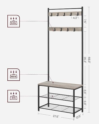 VASAGLE Coat Rack, Hall Tree with Shoe Storage Bench, Entryway Bench with Shoe Storage, 3-in-1, Steel Frame, for Entryway, 12.6 x 27.6 x 68.9 Inches, Industrial, Greige and Black UHSR41MB thumbnail 3