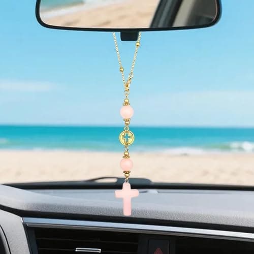 Car Rear View Mirror Accessories Car Hanging Ornament, Cross Unique Rearview Decor Charm Rose Quartz Crystal Beads Cross Swinging Interior Decor for Women Men (Pink) thumbnail 2