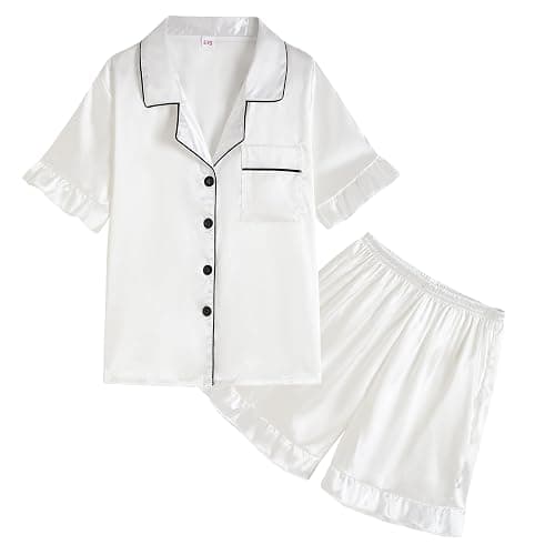 Hupohoi Summer Satin Pajama 2 Pieces Ruffles Sleeve Shorts Loung Sets Button Down Sleepwear for Teen Girls with Pockets - Image 1